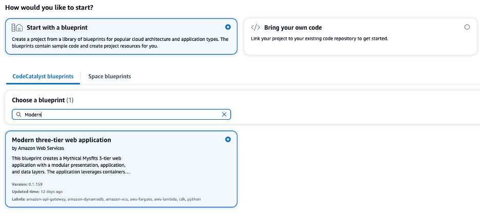 Figure 2: Creating a new Modern three-tier application blueprint (source) 