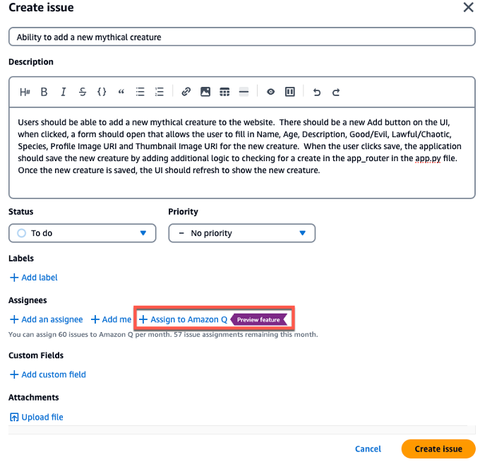 Figure 3: Assigning a new issue to Amazon Q (source) 