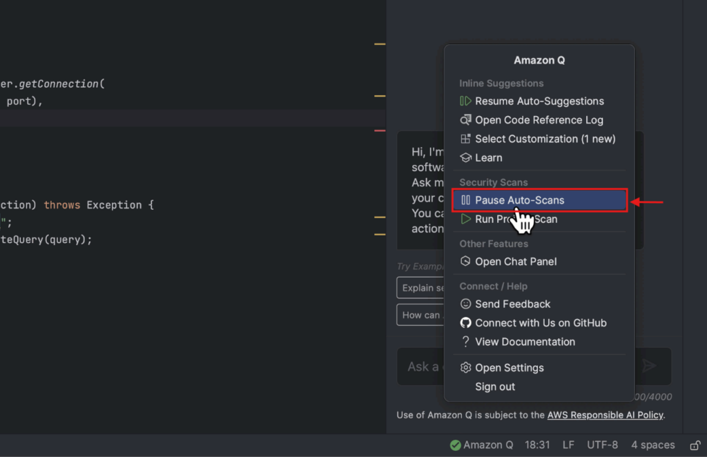 Pause Auto-Scans in Amazon Q Developer Pro