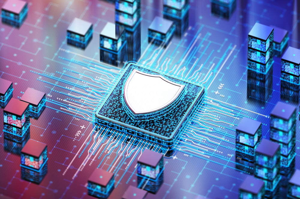 Illustration of a secure digital processor with a shield icon at the center, symbolizing cybersecurity and protection against prompt injections in AI systems, surrounded by data blocks and circuitry.