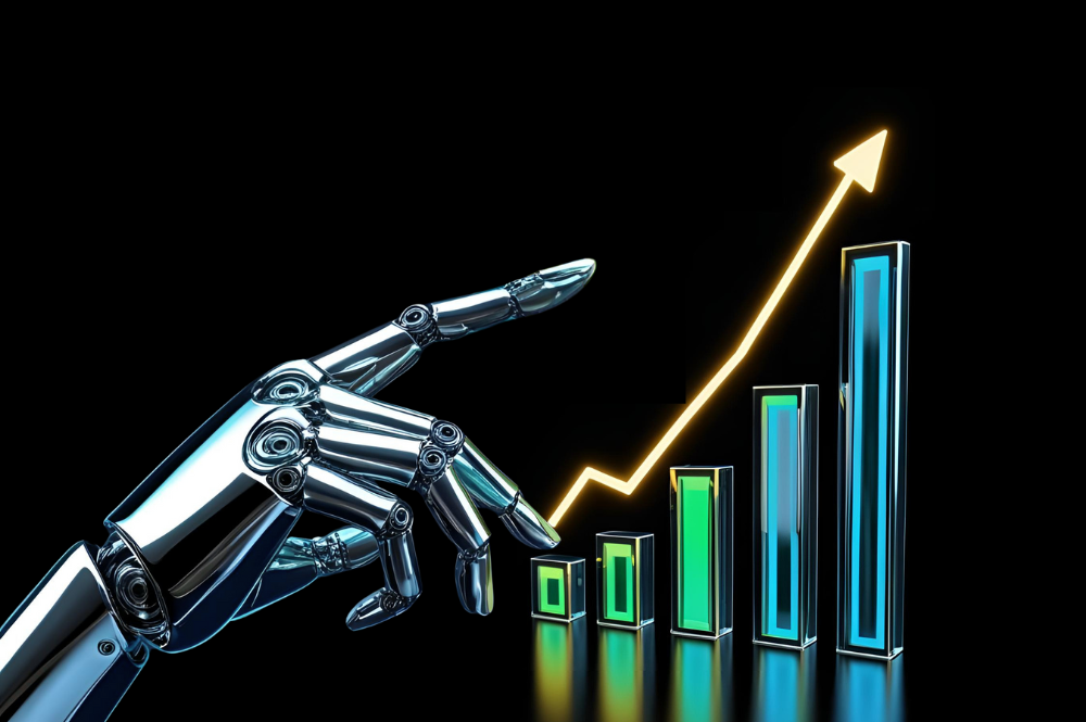 Robotic hand pointing at a rising bar graph with a glowing upward trend line, symbolizing financial growth powered by Autonomous AI Agents