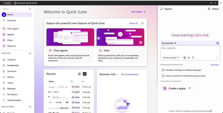Figure 1: Amazon Quick Suite Homepage