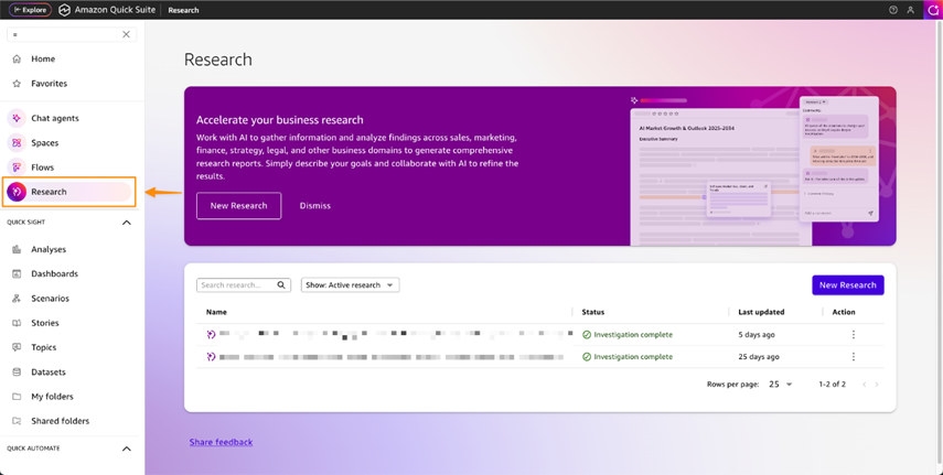 Figure 2: Quick Research - Amazon Quick Suite